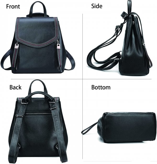 Women’s Genuine Leather Backpack Casual Style Flap Backpacks Daypack for Ladies (Black)